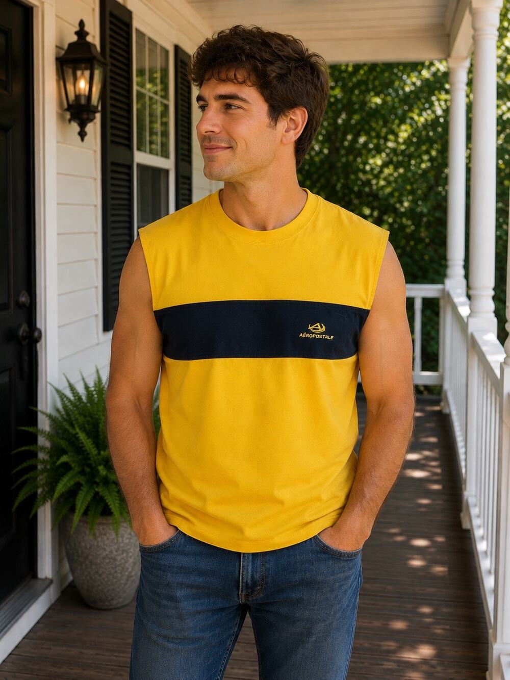 Vintage Aeropostale Shirt Mens small yellow tank  2000 Y2K Graphic